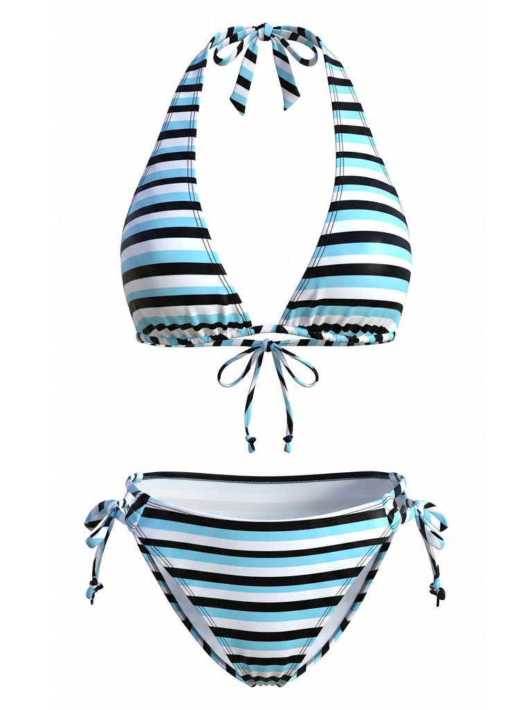 Set Tankini a Righe Halter con Nodo Blu Anni '40 2