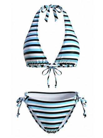 Set Tankini a Righe Halter con Nodo Blu Anni '40 2