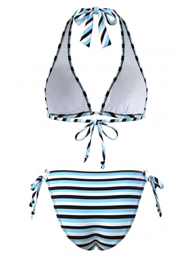 Set Tankini a Righe Halter con Nodo Blu Anni '40 3