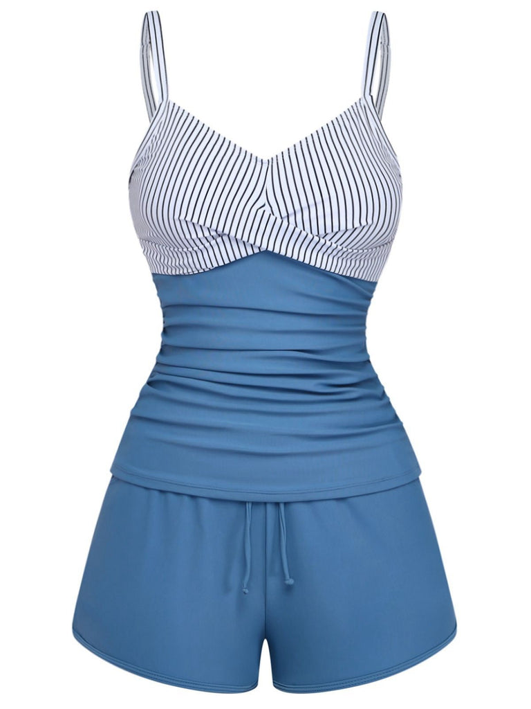 Costumi intero blu anni '40 a righe con tasche arricciate