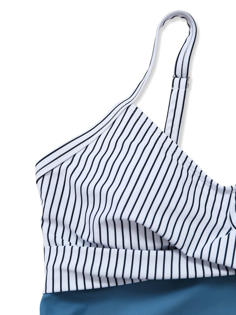 Costumi intero blu anni '40 a righe con tasche arricciate