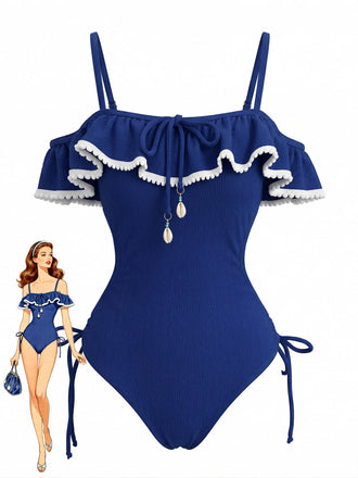 [Pre-Vendita] Costume Intero a Volant con Pendente a Conchiglia Blu Anni '40