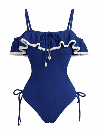 [Pre-Vendita] Costume Intero a Volant con Pendente a Conchiglia Blu Anni '40 2