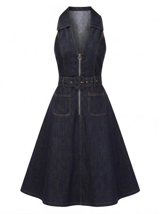 [Prevendita] Abito con Bavero Scollatura a V Profonda in Denim e Cotone con Cintura Anni '70