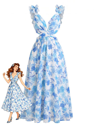 [Pre-Vendita] Abito Lungo Floreale con Cut-Out e Spalline a Volant Blu Anni '50