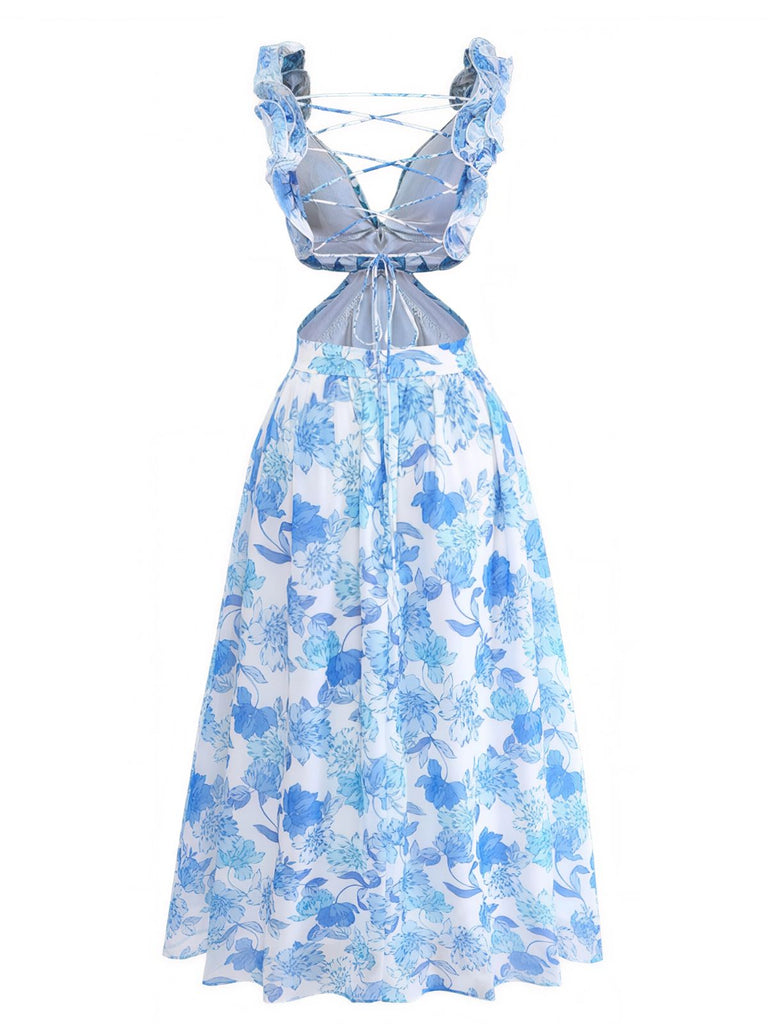 [Pre-Vendita] Abito Lungo Floreale con Cut-Out e Spalline a Volant Blu Anni '50 3