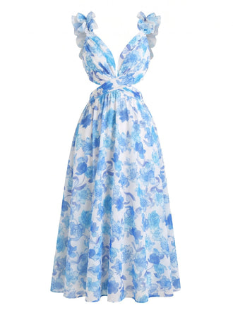[Pre-Vendita] Abito Lungo Floreale con Cut-Out e Spalline a Volant Blu Anni '50 2