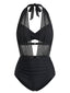 Set Bikini Nero Anni '50 in Rete con Scollo All'americana e Scollato Arricciato