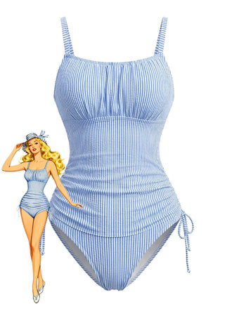 Pinstripe Ruched Drawstring Tankini Set Blu Anni '50