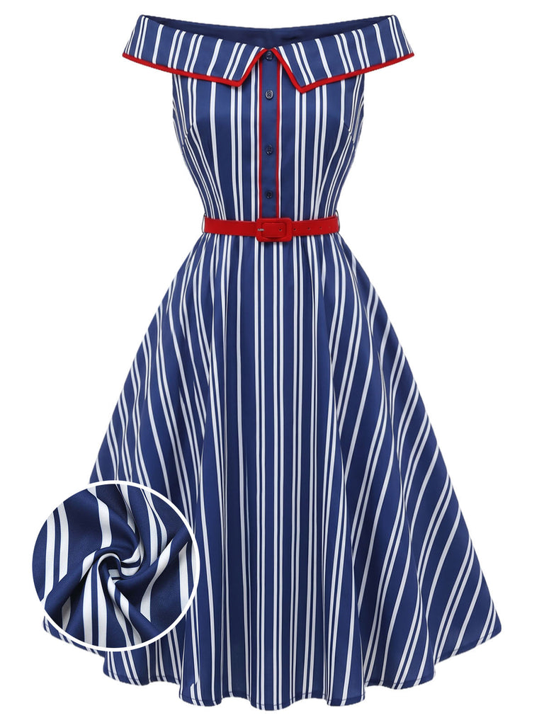 [Pre-Sale] White 1950s Striped Off Shoulder Swing Dress, vintage dress, retro fashion, rockabilly, pin-up fashion - perfect for women who love vintage and retro fashion