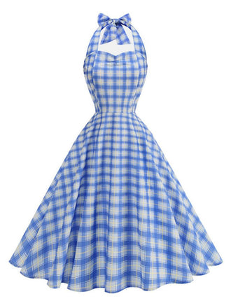 Classic 1950s checkered halter dress featuring sweetheart neck design perfect for vintage-themed parties and rockabilly occasions