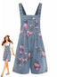Tuta Corta blu in denim anni '60 con floreale e tasche e spalline larghe