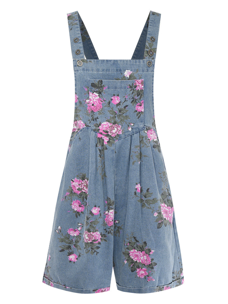 Blue 1960s Denim Floral Pocket Wide Strap Romper: beautiful vintage romper, retro jumpsuit, playful style with timeless appeal