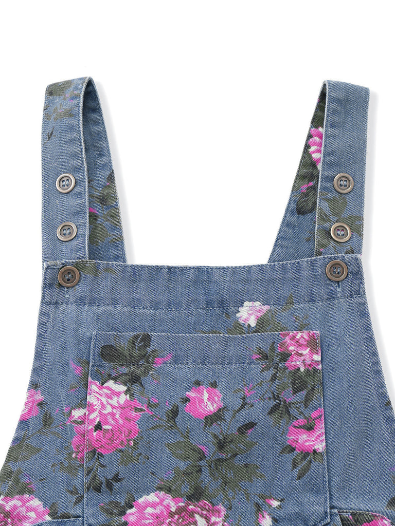 Blue 1960s Denim Floral Pocket Wide Strap Romper - vintage romper, retro jumpsuit, playful style for vintage lovers