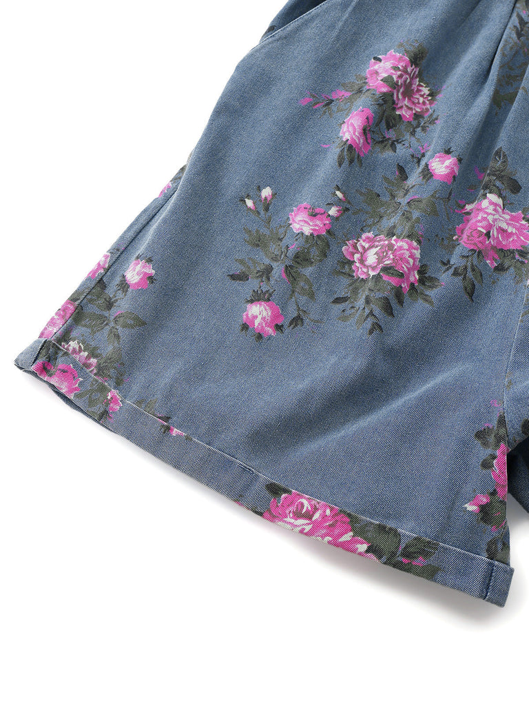 Blue 1960s Denim Floral Pocket Wide Strap Romper | vintage romper, retro jumpsuit, playful style - perfect for retro fashion enthusiasts