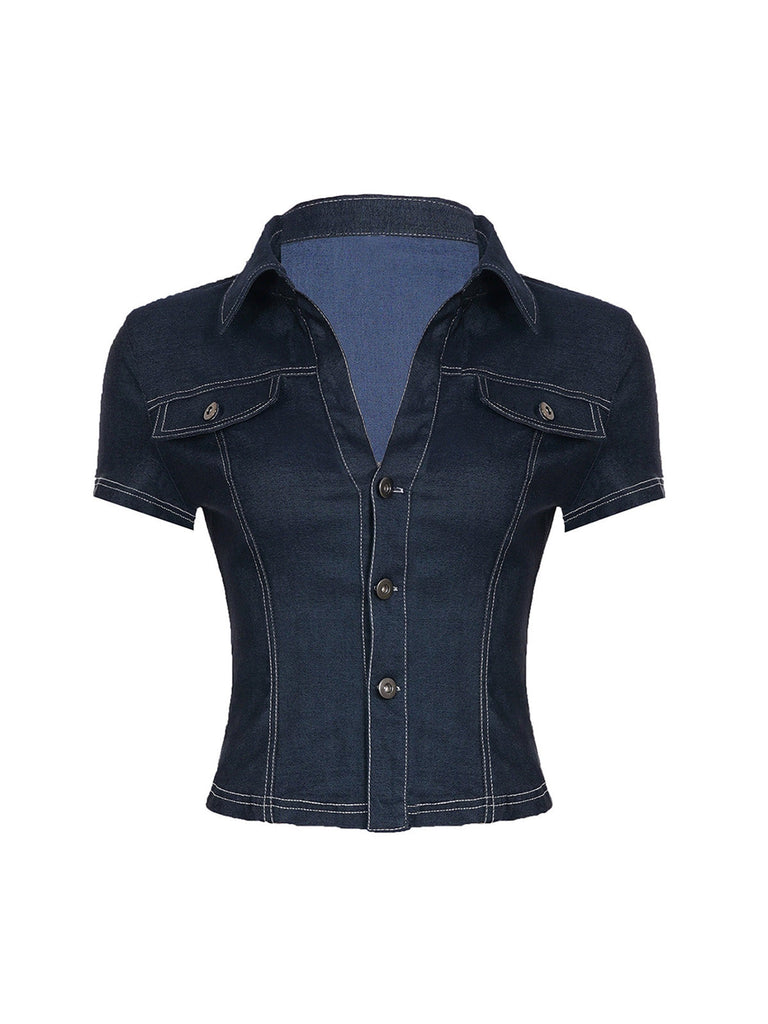 Camicia Corta con Bavero Maniche Corte in Denim Blu Anni '60