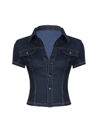 Camicia Corta con Bavero Maniche Corte in Denim Blu Anni '60