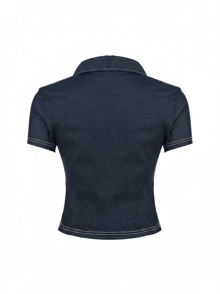 Camicia Corta con Bavero Maniche Corte in Denim Blu Anni '60
