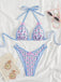 Set Bikini Triangolo Halter Vichy Floreale con Fiocco Blu Anni '60