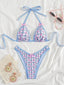 Set Bikini Blu Anni '60 a Quadri Floreale con Fiocco e Scollo All'americana