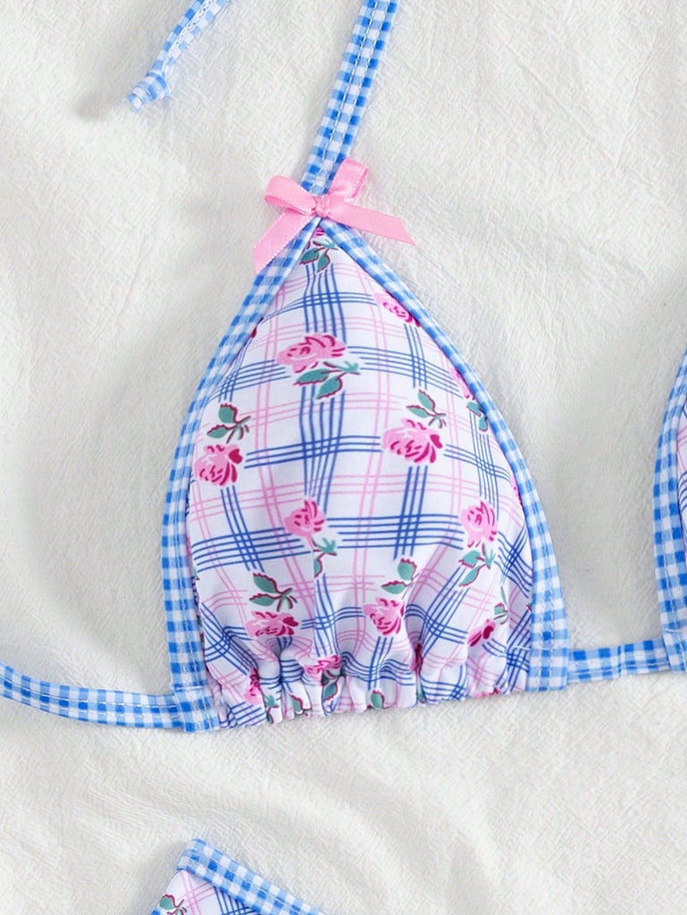 Set Bikini Triangolo Halter Vichy Floreale con Fiocco Blu Anni '60