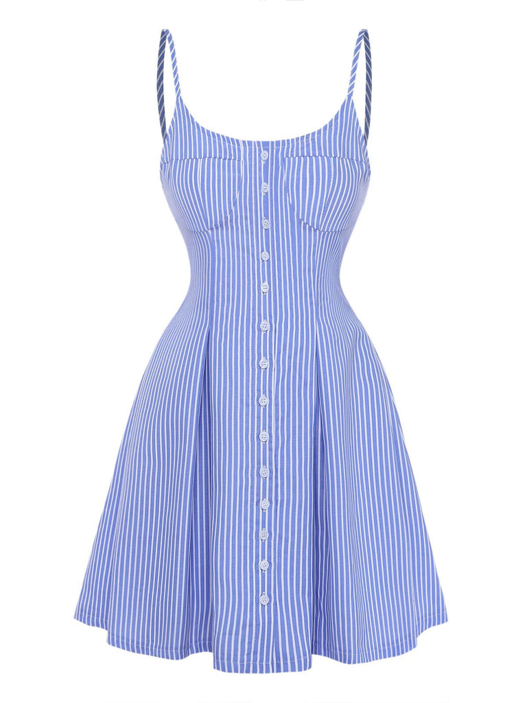 Abito Blu a Righe Buttons con Spalline Sottili Svasato Anni '60 2