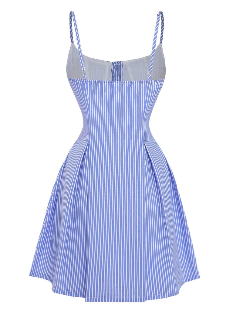 Abito Blu a Righe Buttons con Spalline Sottili Svasato Anni '60 3