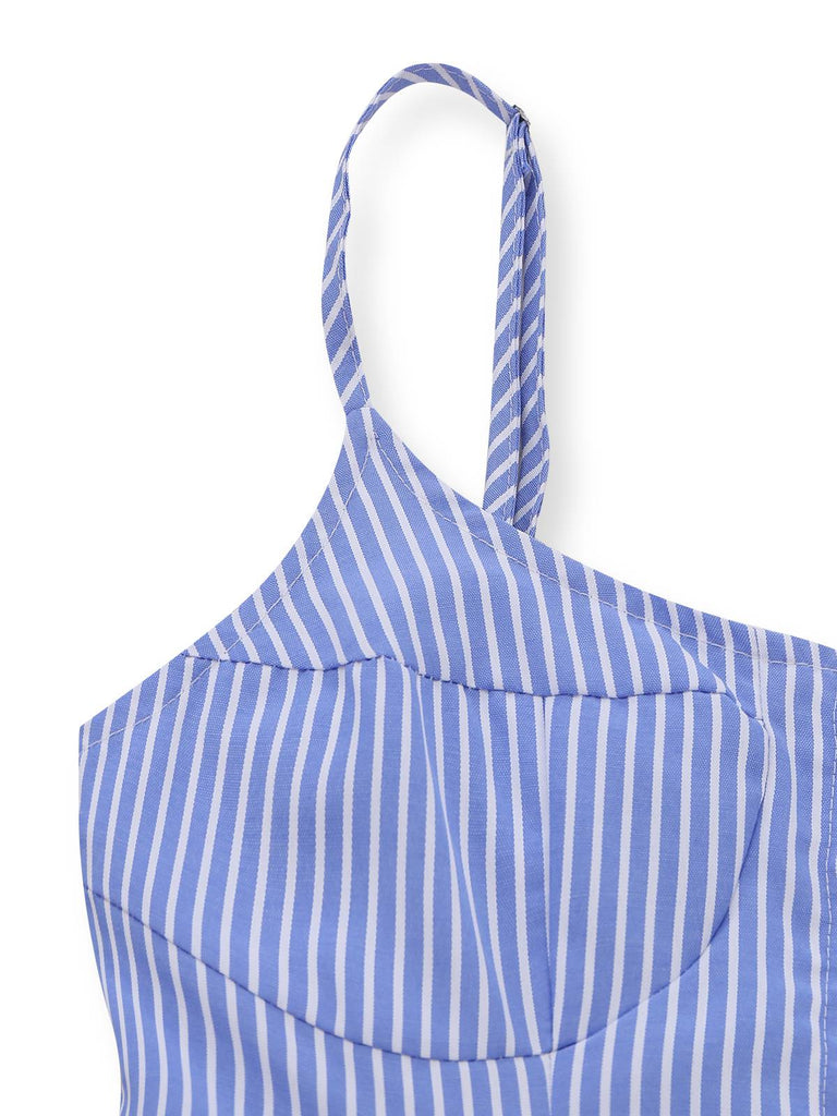 Abito Blu a Righe Buttons con Spalline Sottili Svasato Anni '60 4