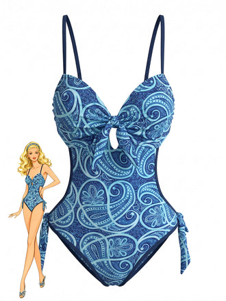 [Pre-Vendita] Costume Intero Bohemien a Stampa Cachemire con Cut-Out Blu Anni '70