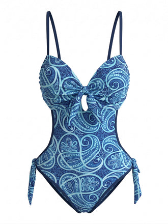 [Pre-Vendita] Costume Intero Bohemien a Stampa Cachemire con Cut-Out Blu Anni '70 2