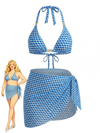 [Taglie Forti] 3PCS Set Bikini Blu Geometrico 3D Halter e Copricostume Anni '70