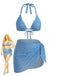 [Taglie Forti] 3PCS Set Bikini Blu Geometrico 3D Halter e Copricostume Anni '70