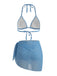[Taglie Forti] 3PCS Set Bikini Blu Geometrico 3D Halter e Copricostume Anni '70 3