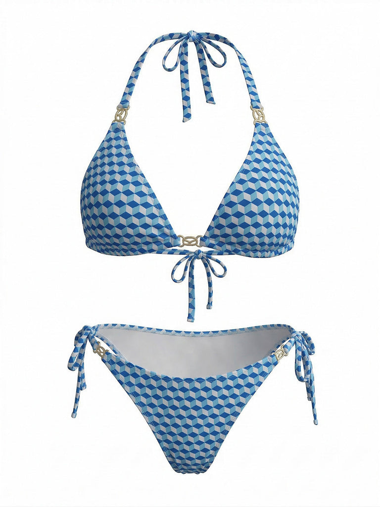 [Taglie Forti] 3PCS Set Bikini Blu Geometrico 3D Halter e Copricostume Anni '70 4