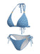 [Taglie Forti] 3PCS Set Bikini Blu Geometrico 3D Halter e Copricostume Anni '70 5