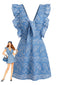 Abito Corto Blu Anni '70 Paisley Ricamato con Volant e Scollo a V