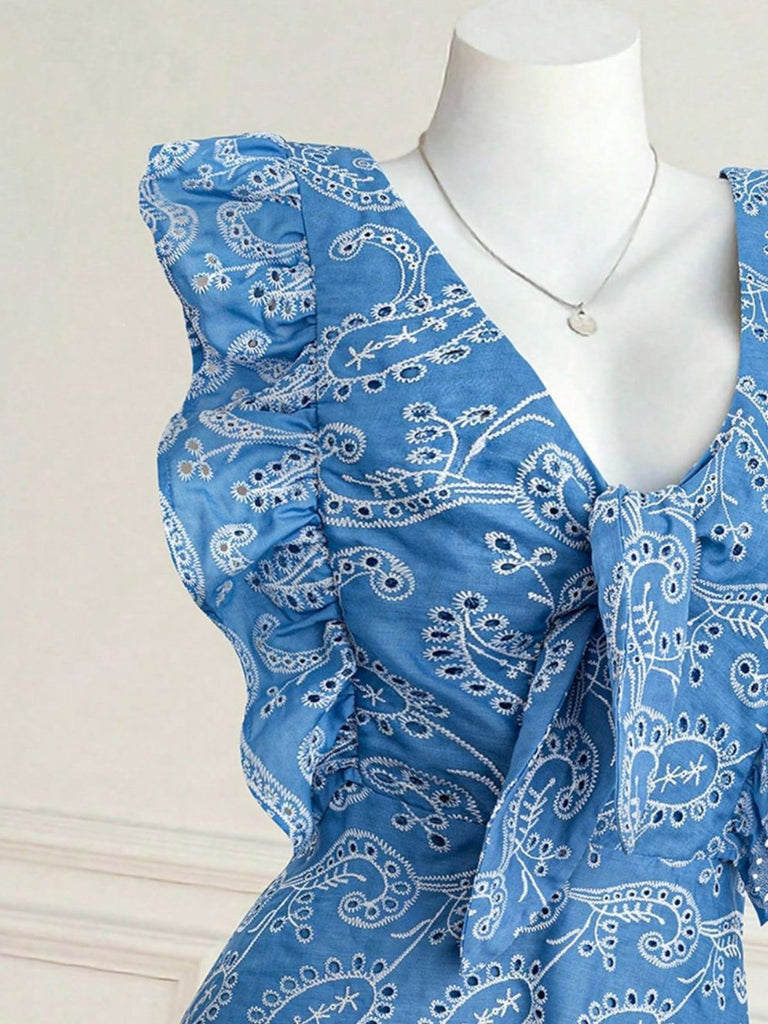Blue 1970s Paisley Embroidered Ruffle V-Neck Dress 5