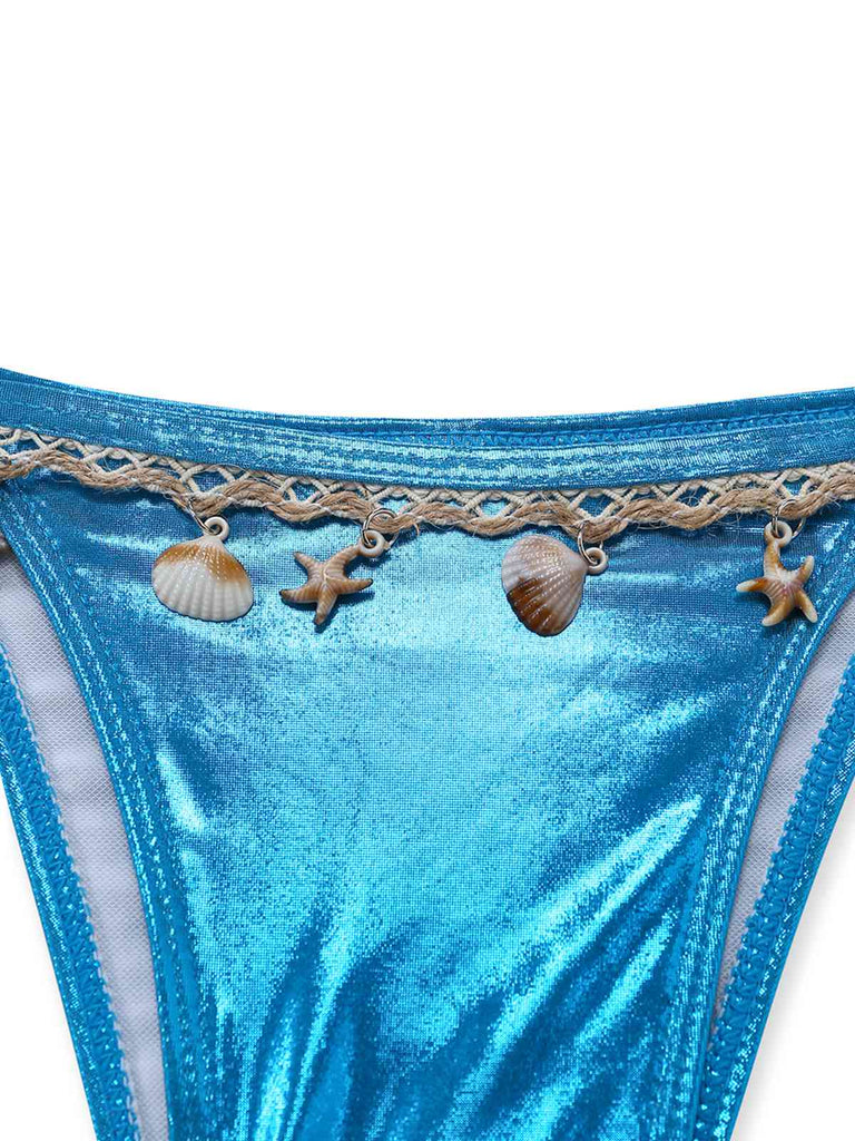 Set Bikini Blu Metallizzato Shell Halter Anni '80 5