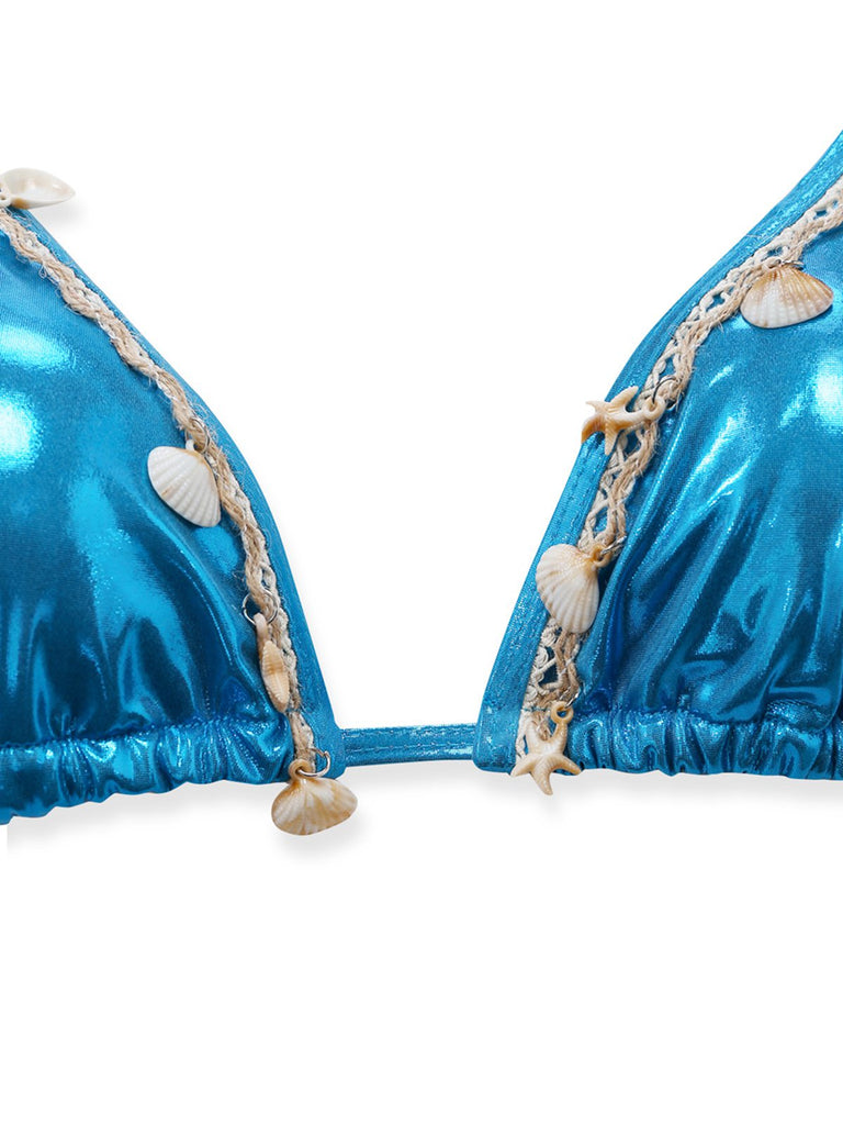 Set Bikini Blu Metallizzato Shell Halter Anni '80 4