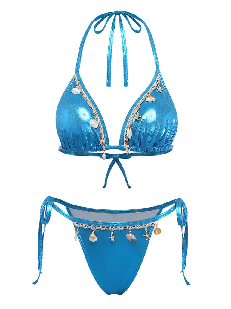 Set Bikini Blu Metallizzato Shell Halter Anni '80 2