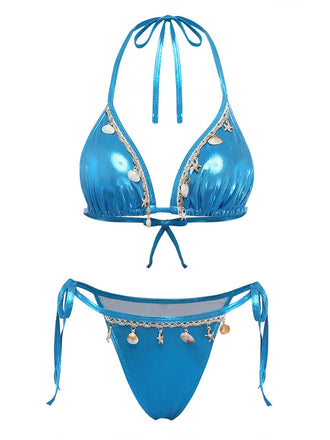 Set Bikini Blu Metallizzato Shell Halter Anni '80 2