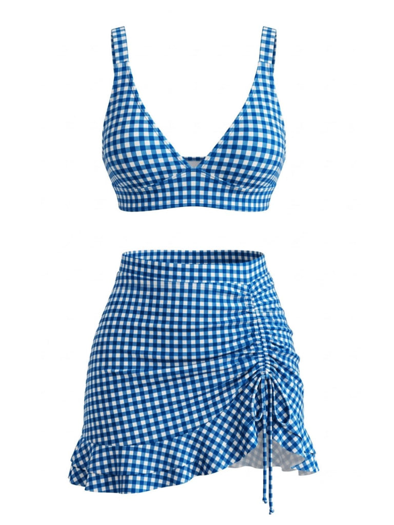 Set Tankini 3PCS con Volant Hem a Quadri Drawstring Anni '50 9