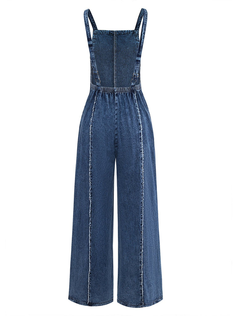 Tuta Lunga Blu in Denim Wide-Leg Overalls Frayed Anni '70 3