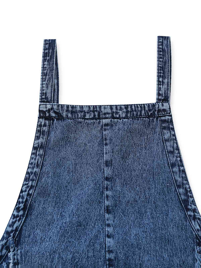Tuta Lunga Blu in Denim Wide-Leg Overalls Frayed Anni '70 6