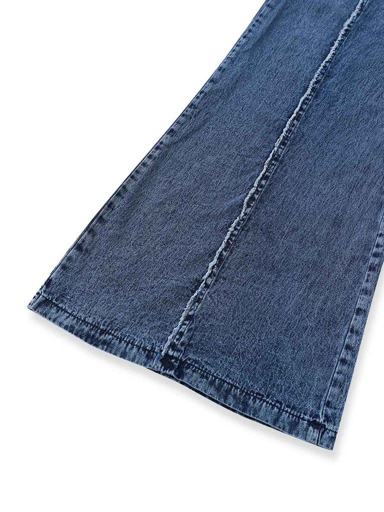 Tuta Lunga Blu in Denim Wide-Leg Overalls Frayed Anni '70 4