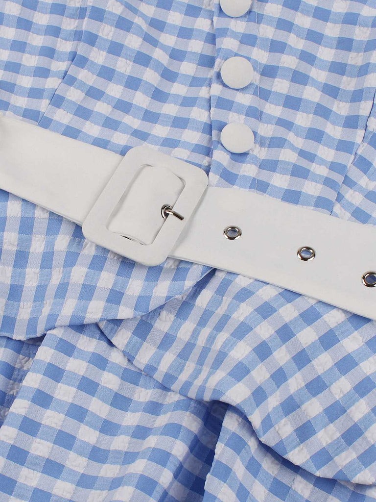 Abito a Ruota Blu Anni '50 a Quadri con Volant