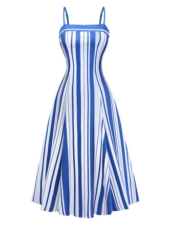 Abito Midi Blu e Bianco Anni '50 a Righe con Spalline Sottili