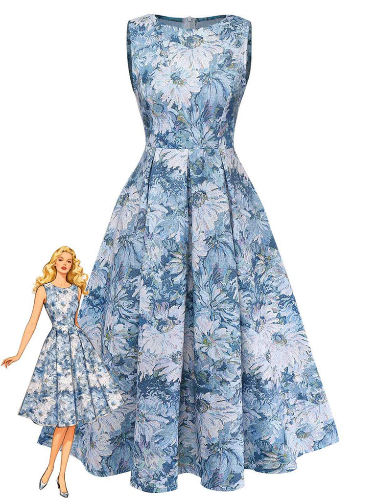 Blue floral dress with a Barbie doll wearing it on a white background