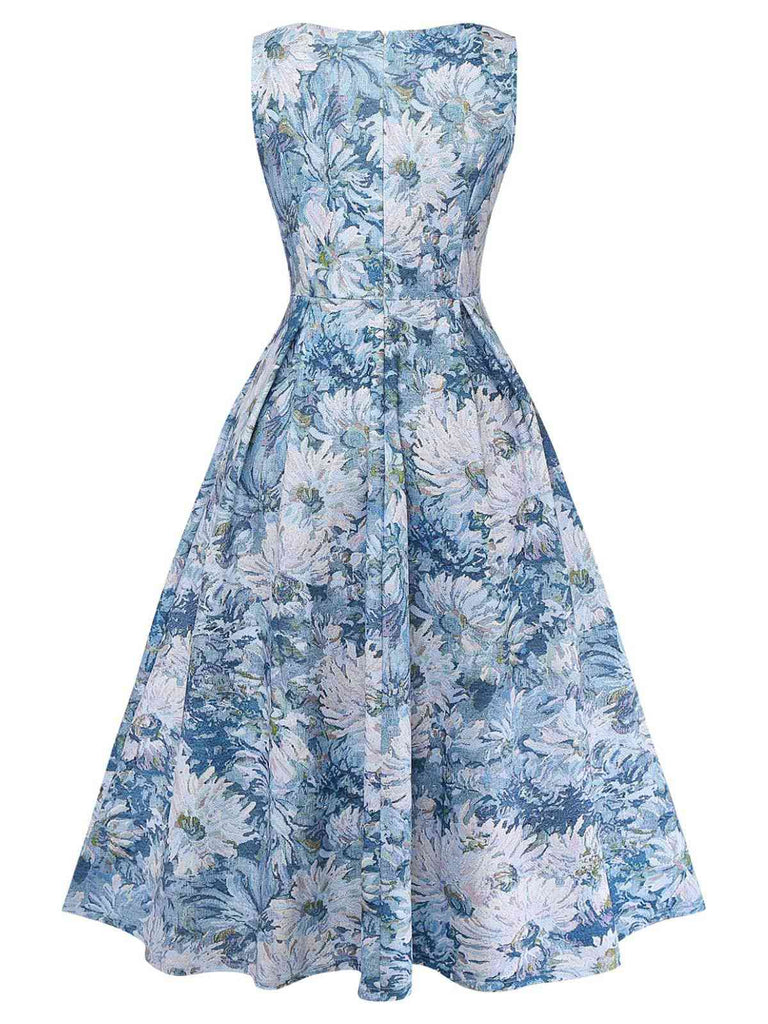 Blue floral strapless dress on a white background
