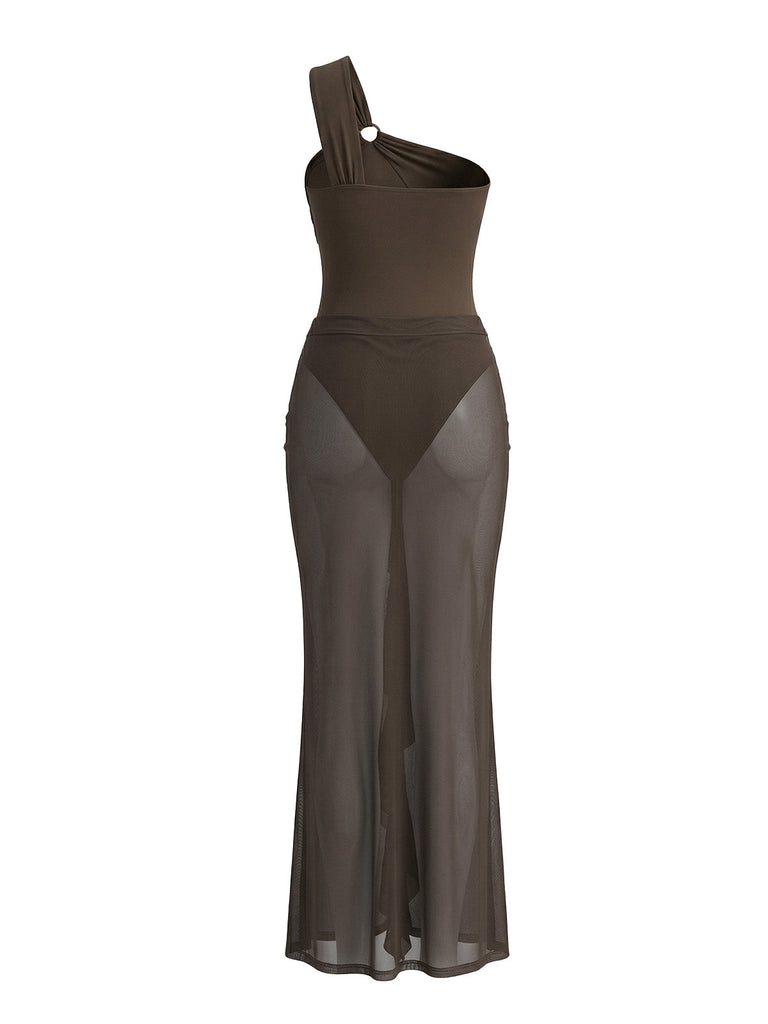 Brown 1930s Mesh Sheer One Piece Bikini Set 2